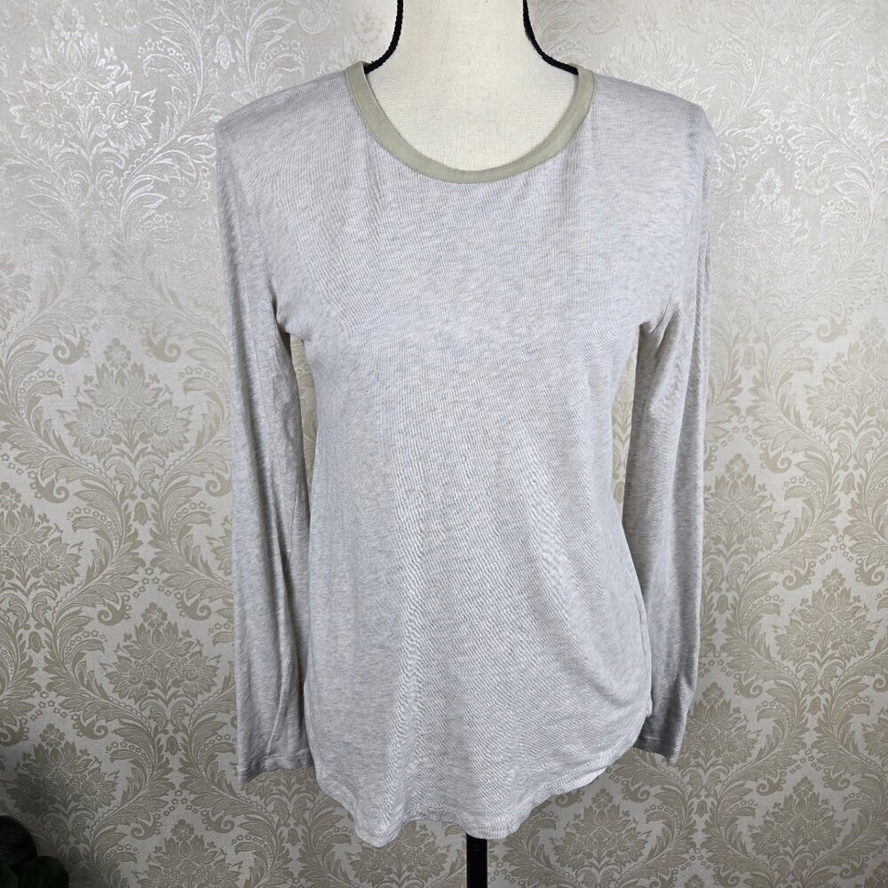 J Crew Size Small Heathered Cream Long Sleeve T-shirt Round Neck Leather Trim